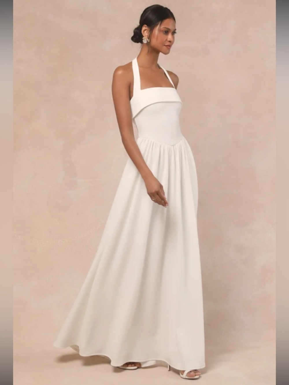 NWT - Lulus Women Telia White Halter Basque Waist Maxi Basic Sleeved Dress Bride